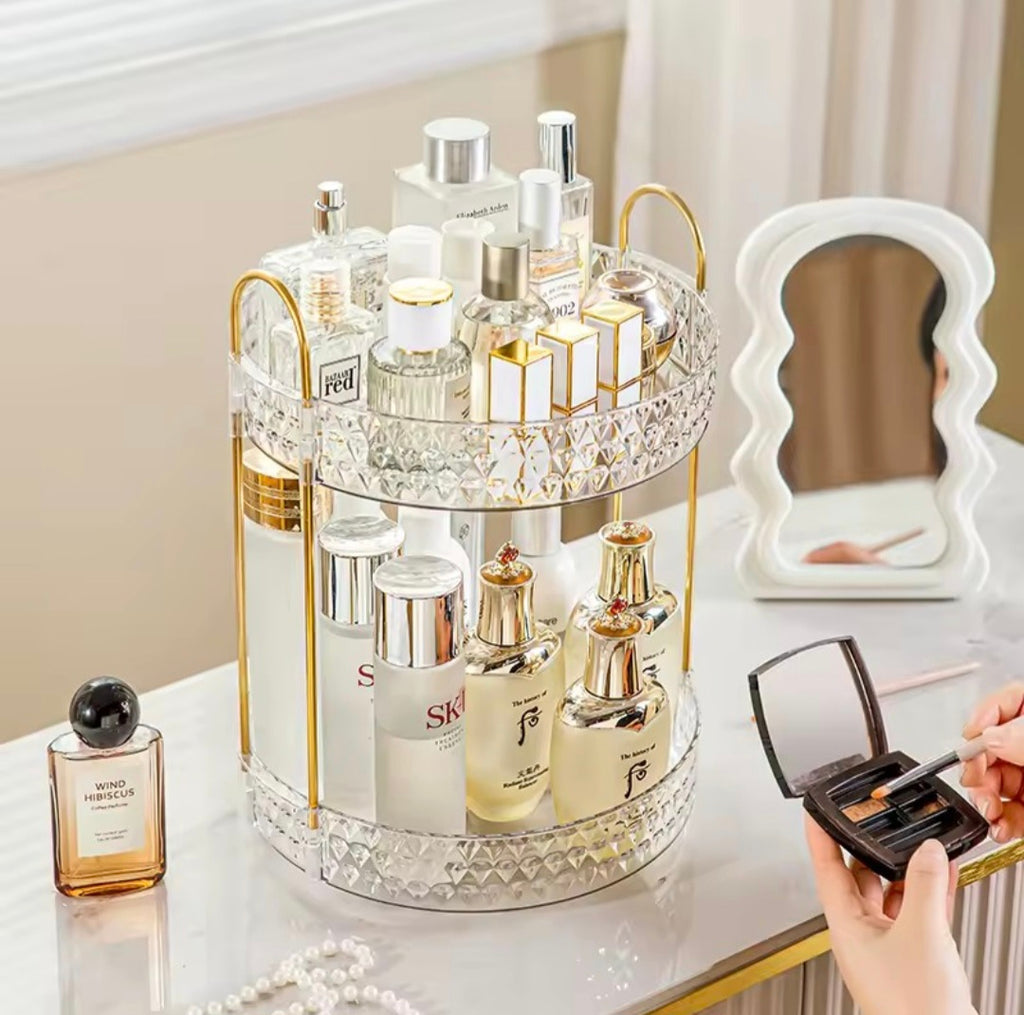 360° Rotating Makeup Organizer Tower – Clear, Aesthetic & Space Saving