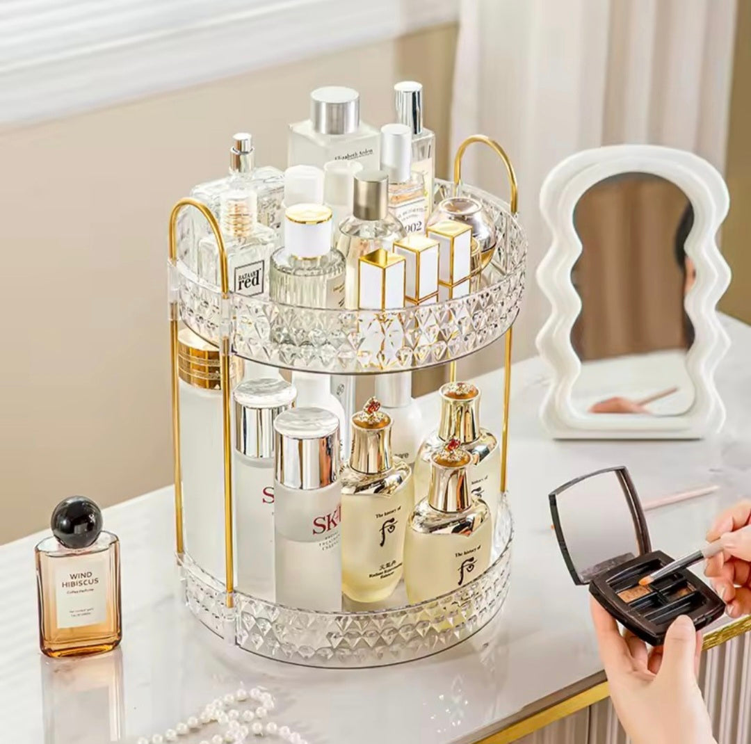 360° Rotating Makeup Organizer Tower – Clear, Aesthetic & Space Saving