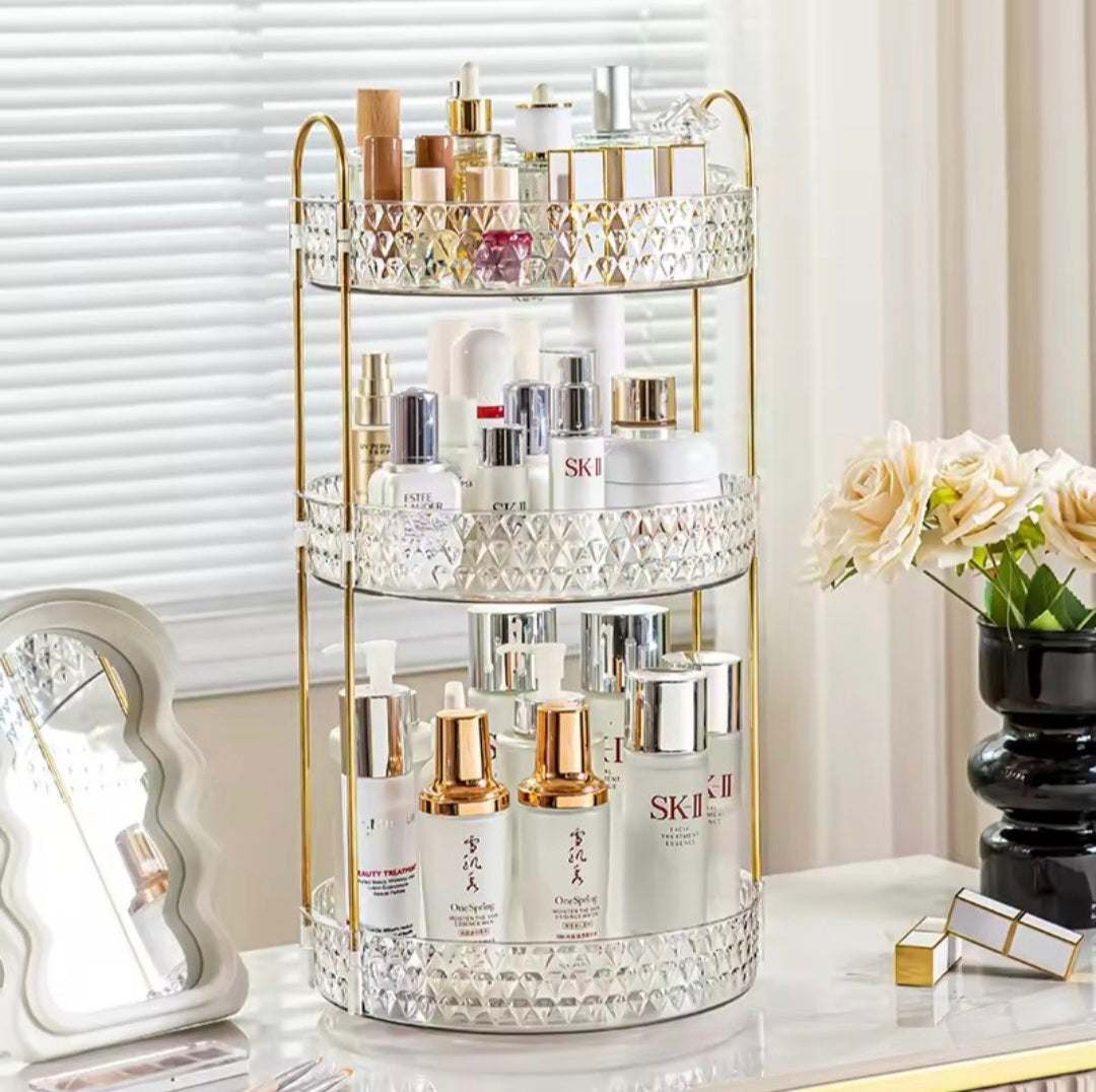 360° Rotating Makeup Organizer Tower – Clear, Aesthetic & Space Saving