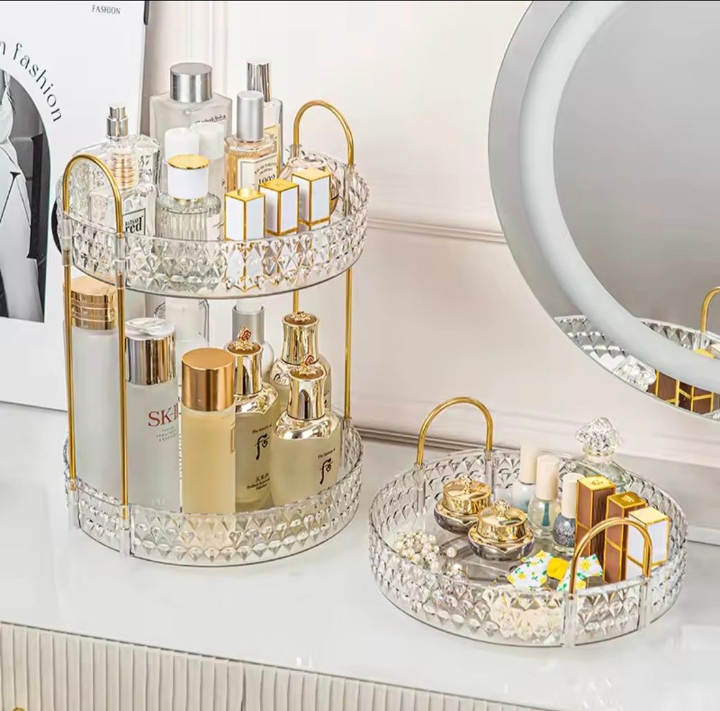 360° Rotating Makeup Organizer Tower – Clear, Aesthetic & Space Saving